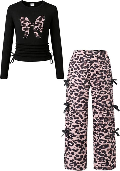 TweenFit Girls Long Sleeve Ruched Knit Top & Bow Pants 2-Piece Fall Winter Outfit | Ages 6-12