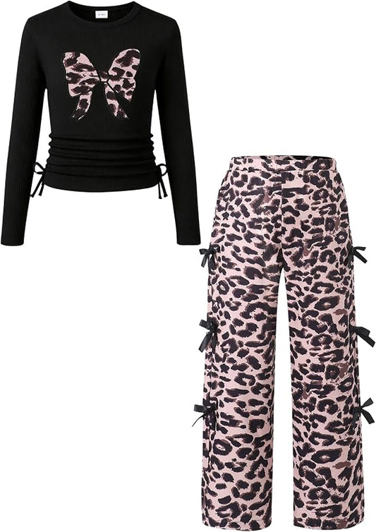 TweenFit Girls Long Sleeve Ruched Knit Top & Bow Pants 2-Piece Fall Winter Outfit | Ages 6-12