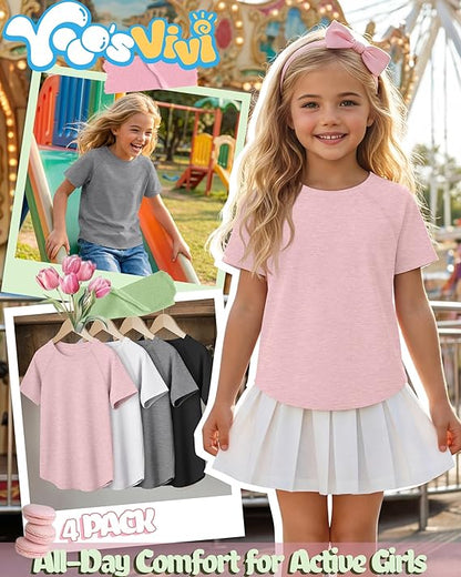 Girls Shirts 4 Pack – Short Sleeve Crew Neck Loose Fit Curved Hem Casual Tees for Teen Girls Kids Sizes 5-14 Summer 2026