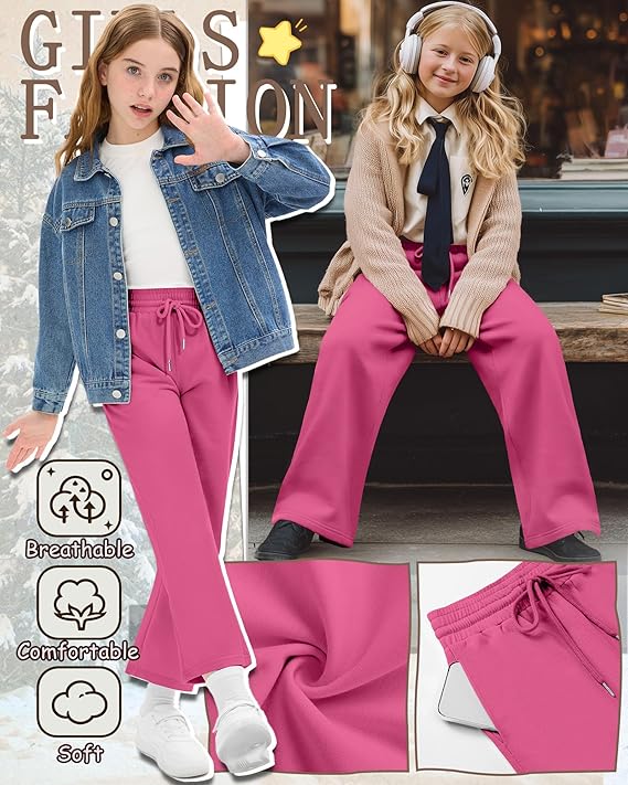 Girls Sweatpants 4 Pack – Wide Leg Drawstring Jogger Pants Straight Leg Athletic Trousers with Pockets for Teen Girls Kids Sizes 5-14