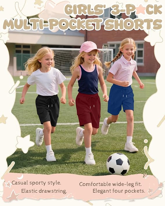 Girls Cargo Bermuda Shorts 3 Pack – Elastic Drawstring Long Shorts Loose Casual Yoga SweatShorts with 4 Pockets for Teen Girls Sizes 5-14