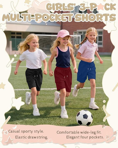 Girls Cargo Bermuda Shorts 3 Pack – Elastic Drawstring Long Shorts Loose Casual Yoga SweatShorts with 4 Pockets for Teen Girls Sizes 5-14