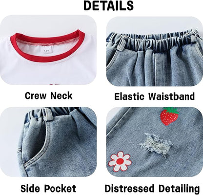 TweenFit Girls Short Sleeve Top & Butterfly Design Jeans 2-Piece Spring Summer Outfit | Ages 6-14