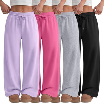 Girls Sweatpants 4 Pack – Wide Leg Drawstring Jogger Pants Straight Leg Athletic Trousers with Pockets for Teen Girls Kids Sizes 5-14