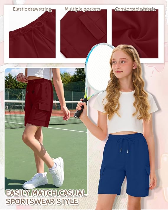 Girls Cargo Bermuda Shorts 3 Pack – Elastic Drawstring Long Shorts Loose Casual Yoga SweatShorts with 4 Pockets for Teen Girls Sizes 5-14